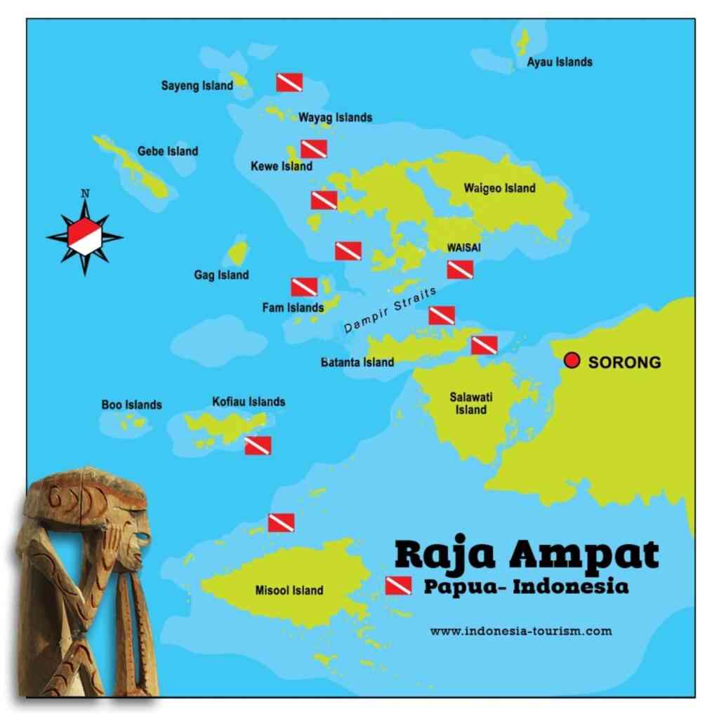 Mapa con los sitios de buceo alrededor de las Islas de Raja Ampat